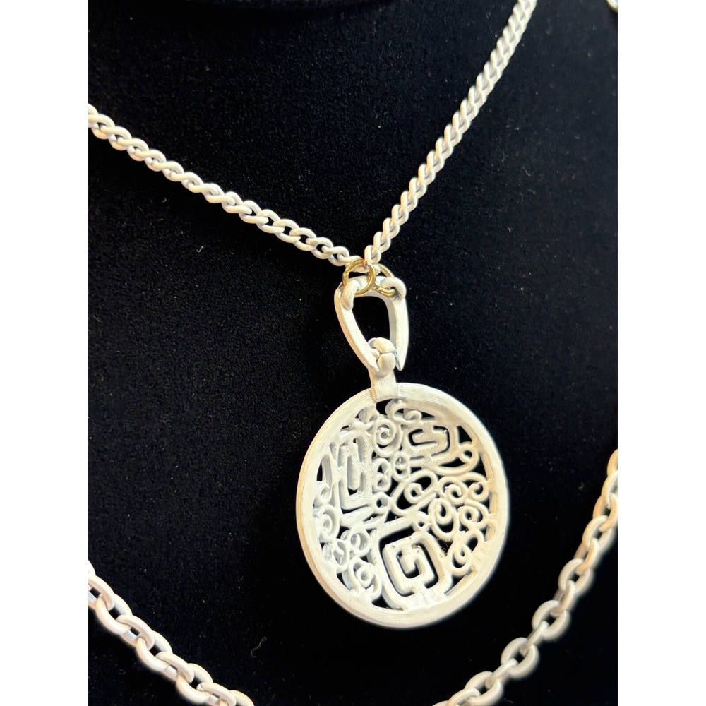 Triple Strand Necklace White Enamel Filigree Pendant Boho Chic Minimalist 90s - Picture 4 of 7